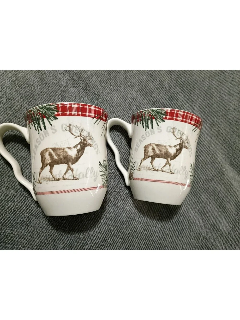 222 Fifth Mount Holly Green Christmas Deer Mugs Set of 2 Porcelain Plaid Holiday